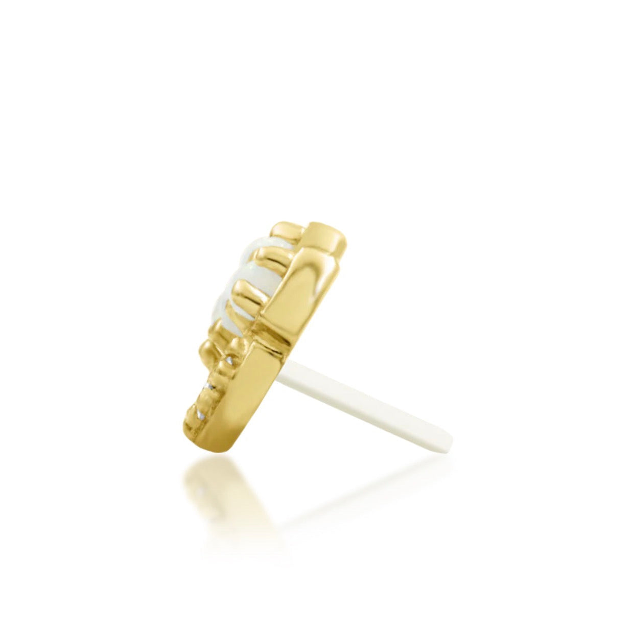 Junipurr Chevry 14k yellow gold opal and white CZ threadless end angled view with luminous chevron styling for curated ear jewellery
