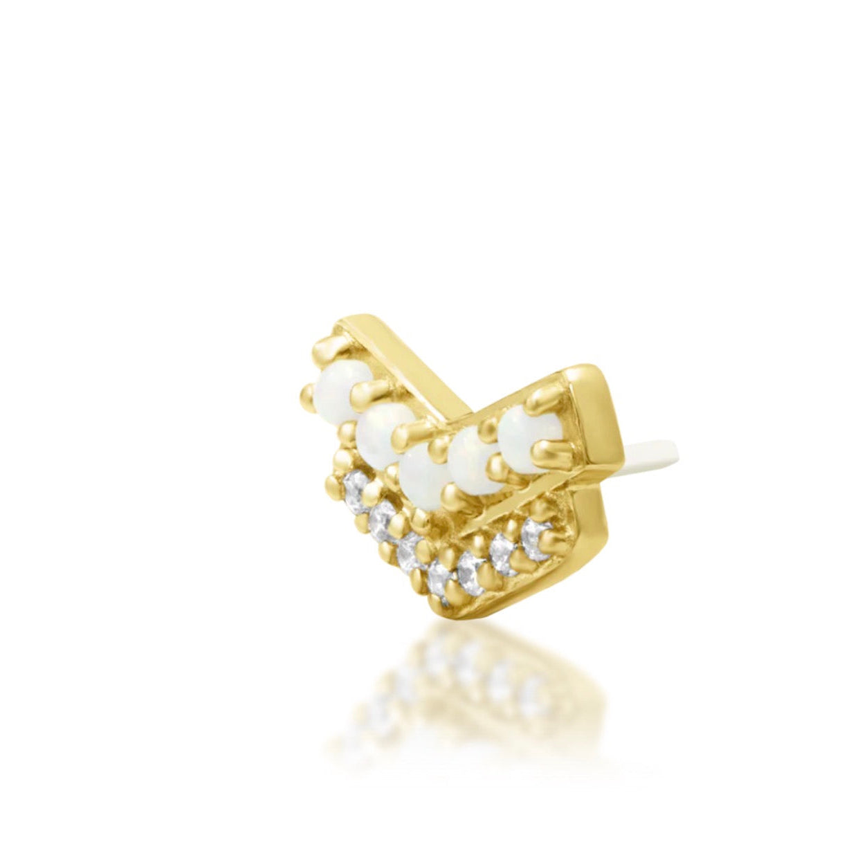 Junipurr Chevry 14k yellow gold opal and white CZ threadless end angled view with luminous chevron styling for curated ear jewellery
