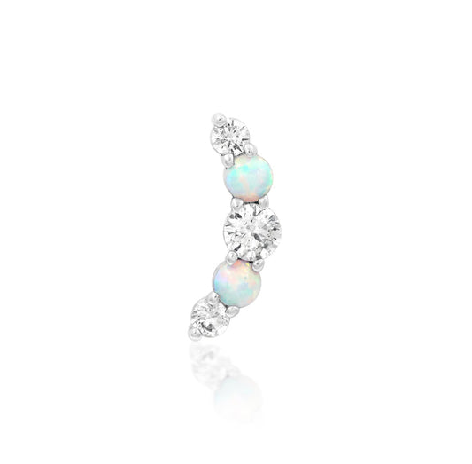 Junipurr Dani Threadless End in 14K white gold, combining cubic zirconia and synthetic opal stones in a 4.3mm x 12mm elegant curve. Perfect for conch and helix piercings.