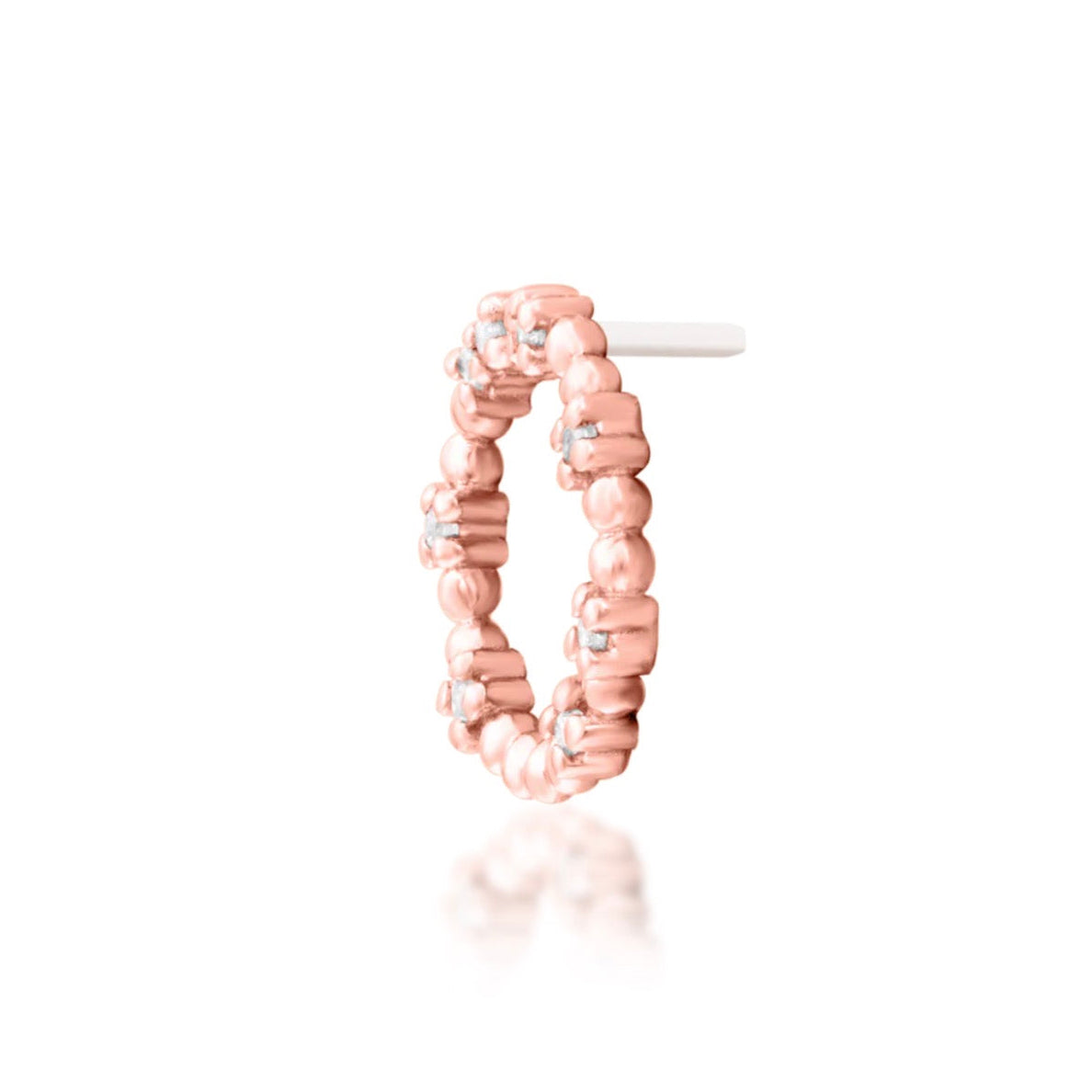 Junipurr Darby 14k rose gold geometric threadless end with draped CZ chain angled view for helix styling