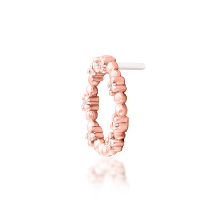 Junipurr Darby 14k rose gold geometric threadless end with draped CZ chain angled view for helix styling