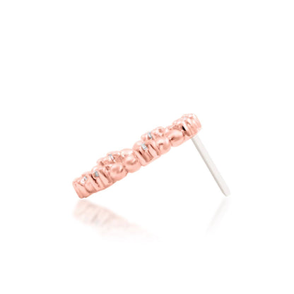 Side profile of Junipurr Darby 14k rose gold threadless end with delicate chain and bead accents