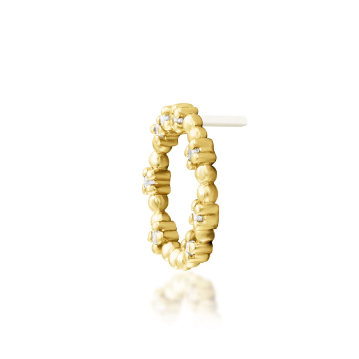 Side profile of Junipurr Darby 14k yellow gold threadless end with delicate chain and bead detailing