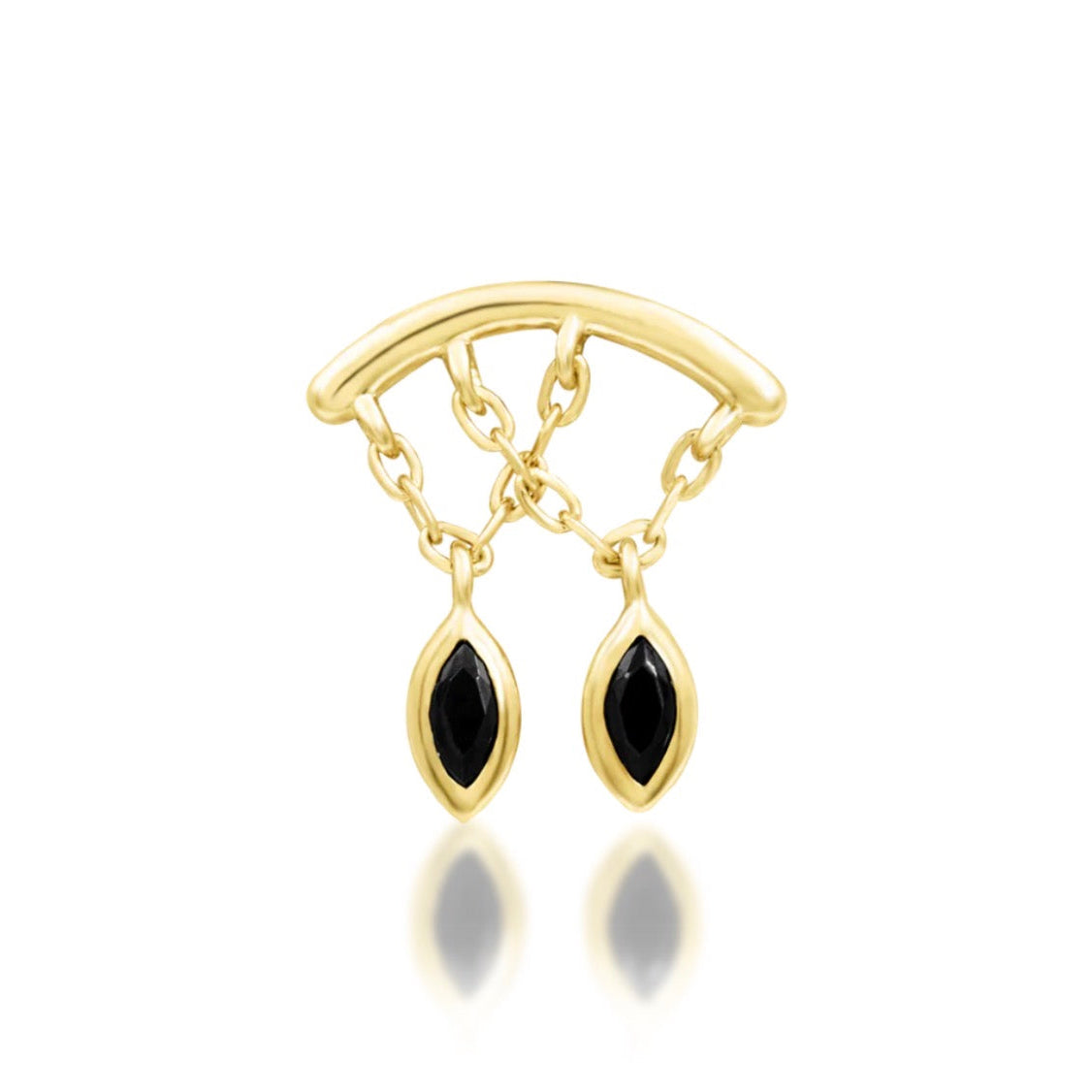 Solid 14k yellow gold Junipurr Delphine threadless end with dangling black cubic zirconia stones for helix and lobe piercings