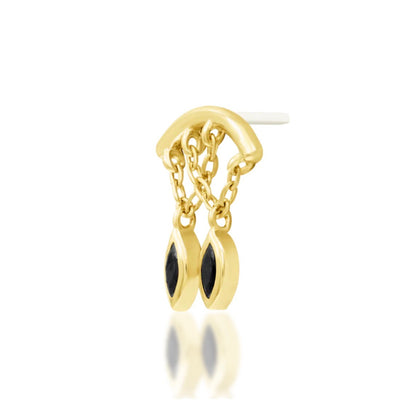 Angled view of the Junipurr Delphine black cubic zirconia dangle threadless end in solid yellow gold