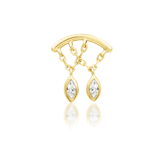Junipurr Delphine Threadless End in 14K yellow gold, delicate dangling design measuring 9.5mm x 10.2mm, perfect for lobe, helix, and dangle chain piercings.
