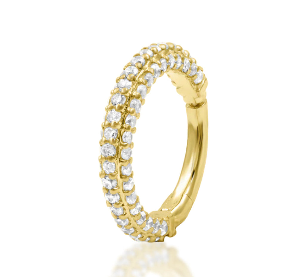 Junipurr Demi 16g hinge segment ring in solid 14k gold with cubic zirconia accent, suitable for daith and septum piercings, featuring precision hinge for secure wear.