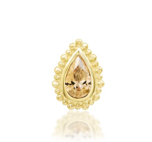 Junipurr Dial 14k gold threadless end earring with pear-cut synthetic champagne CZ and beaded border