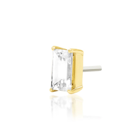 Junipurr Diamond Baguette 14k yellow gold threadless end with VS1 lab-grown diamond, angled view for curated ear styling