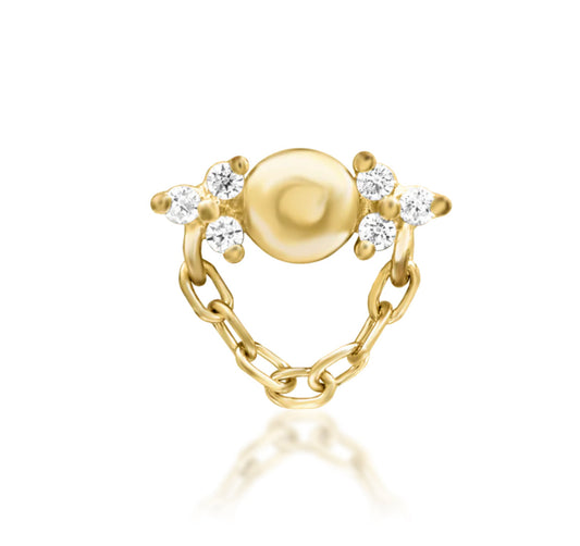 Junipurr Elena threadless end earring in solid 14k gold with white cubic zirconia, suitable for lobe, helix, and conch piercings, size 6.5mm x 4.2mm