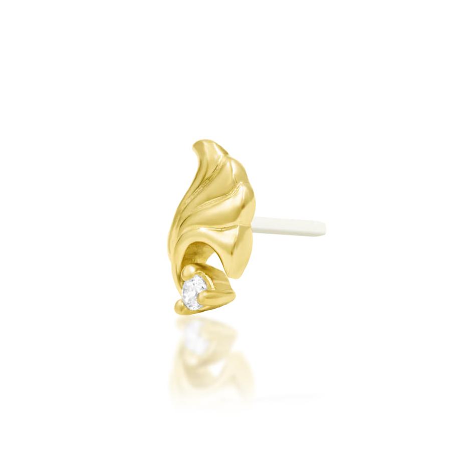 Junipurr Elenor 14k yellow gold white cubic zirconia threadless end angled view with refined minimalist sparkle for curated ear styling