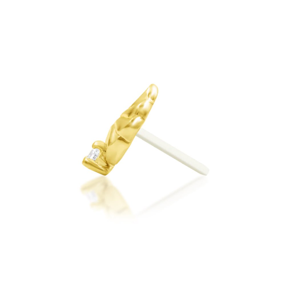 Side profile of Junipurr Elenor 14k yellow gold threadless decorative end with elegant elongated structure