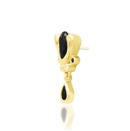 Angled view of the Junipurr Empusa black cubic zirconia statement threadless end in solid yellow gold