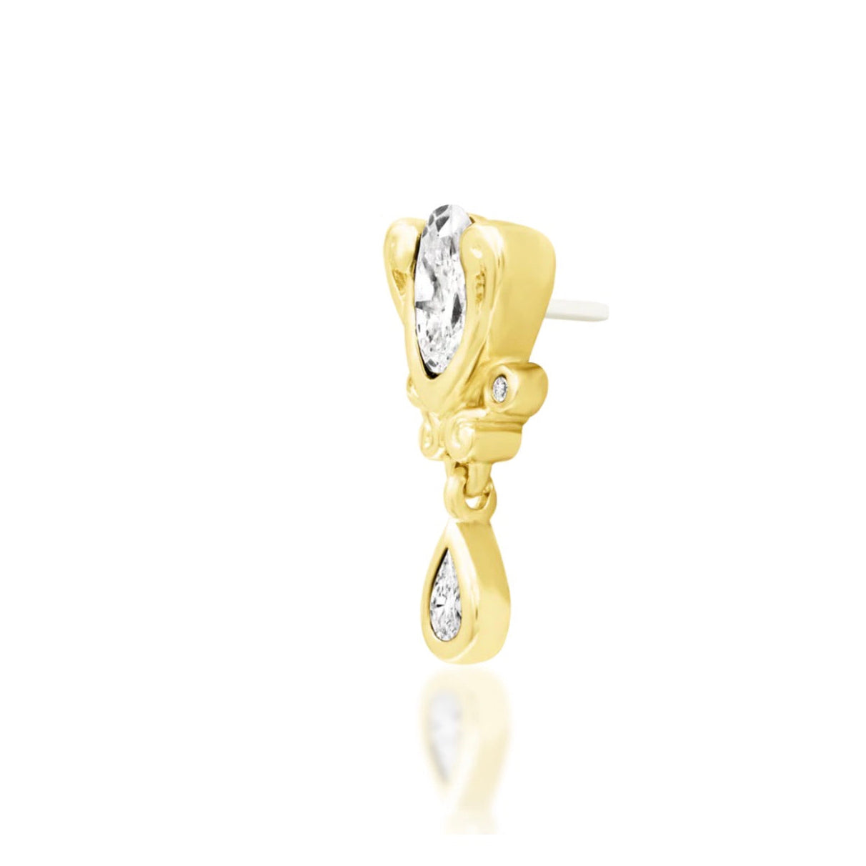 Angled view of the Junipurr Empusa white cubic zirconia threadless end in solid yellow gold