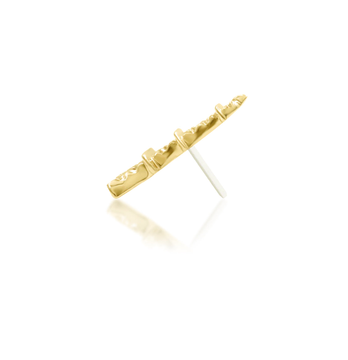 Side profile of the Junipurr From Paris With Love 14kt yellow gold threadless end showing post fit and depth.