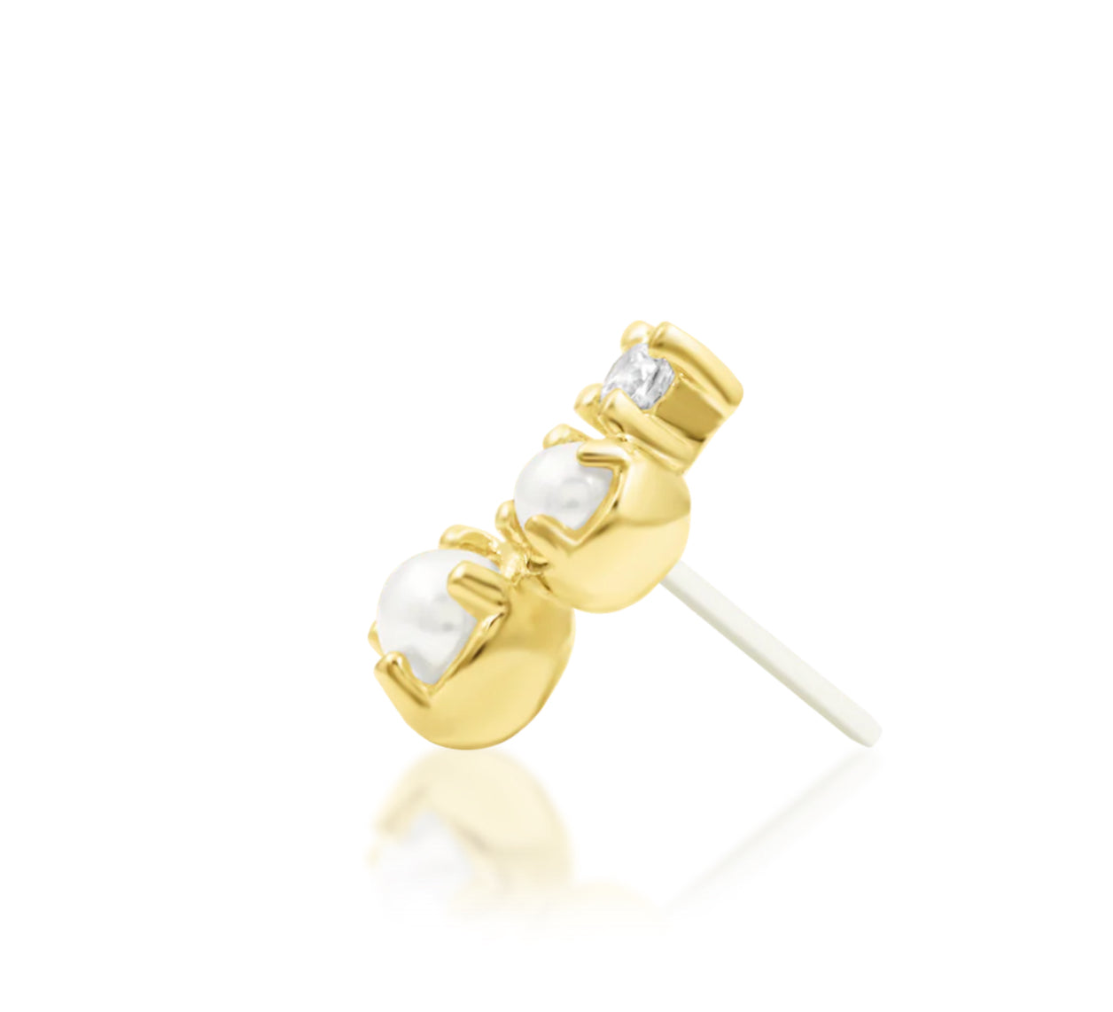 Side profile of Junipurr Gatsby 14k yellow gold threadless end with pearl and gemstone detailing