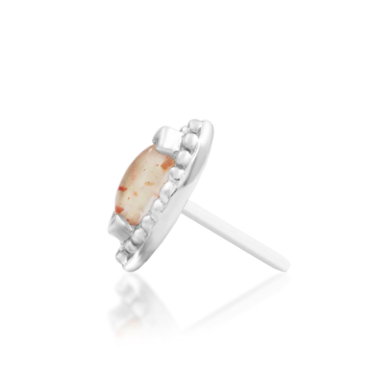 Side profile of Junipurr Glorie 14k white gold threadless end with intricate beaded detailing