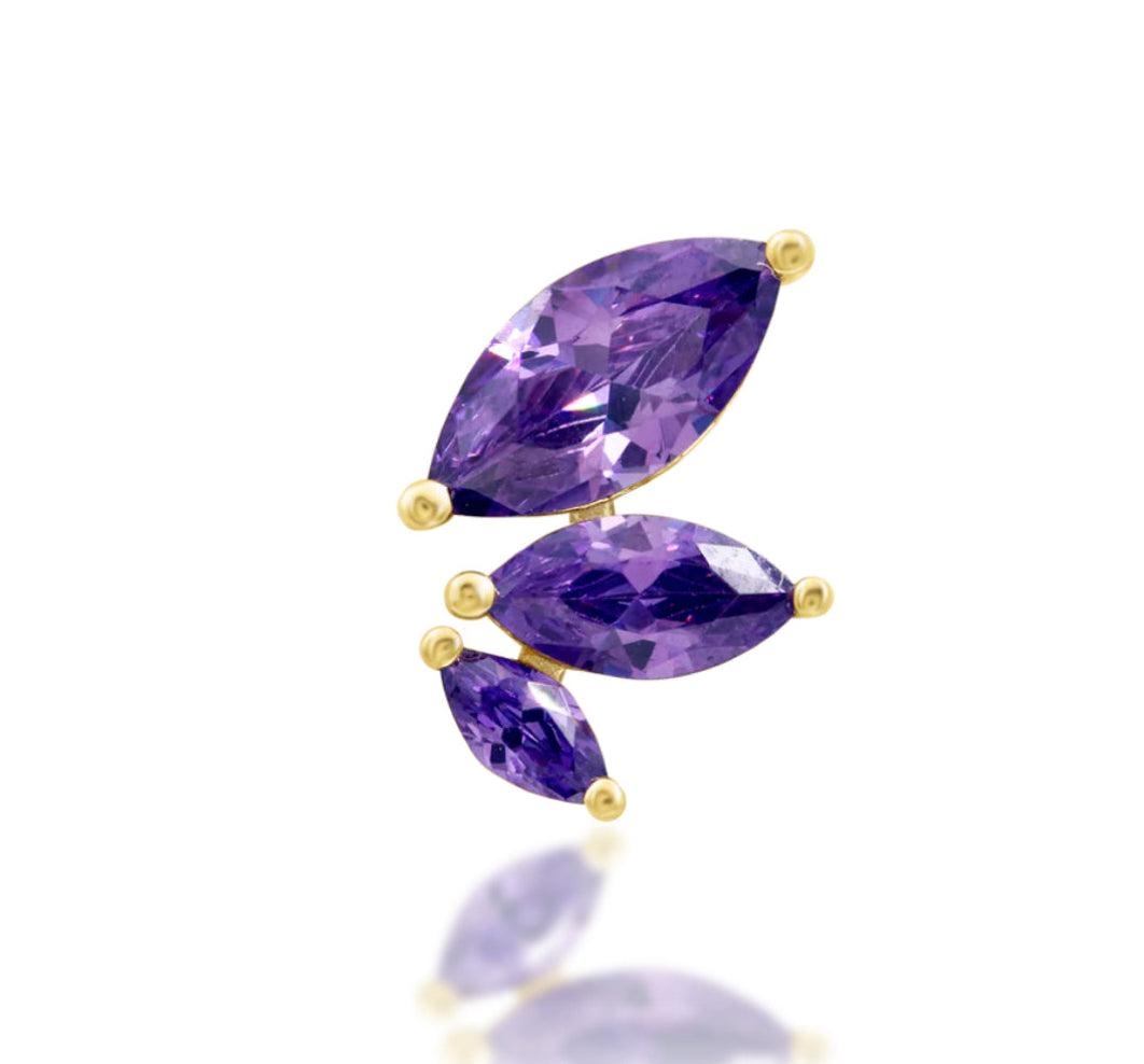 Junipurr Glory helix threadless end in solid 14kt yellow gold with three marquise-cut Synthetic Amethyst CZ stones, perfect for helix or flat piercings
