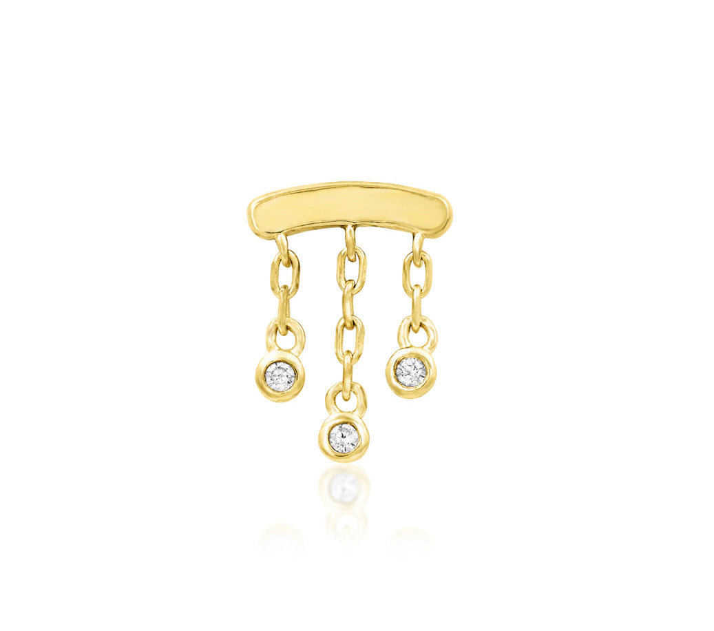 Close-up of the Junipurr Jewellery 14kt Gold CZ Chain Dangle Threadless End, featuring three Cubic Zirconia stones suspended from a delicate gold chain, ideal for helix, lobe, or conch piercings.