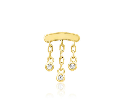 Close-up of the Junipurr Jewellery 14kt Gold CZ Chain Dangle Threadless End, featuring three Cubic Zirconia stones suspended from a delicate gold chain, ideal for helix, lobe, or conch piercings.