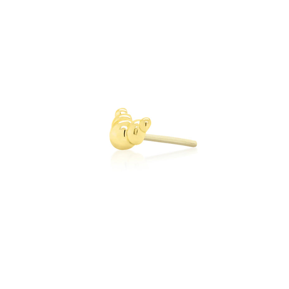 Angled view of Junipurr Gold Croissant solid 14k yellow gold threadless decorative end showcasing its curved silhouette and polished bead detail