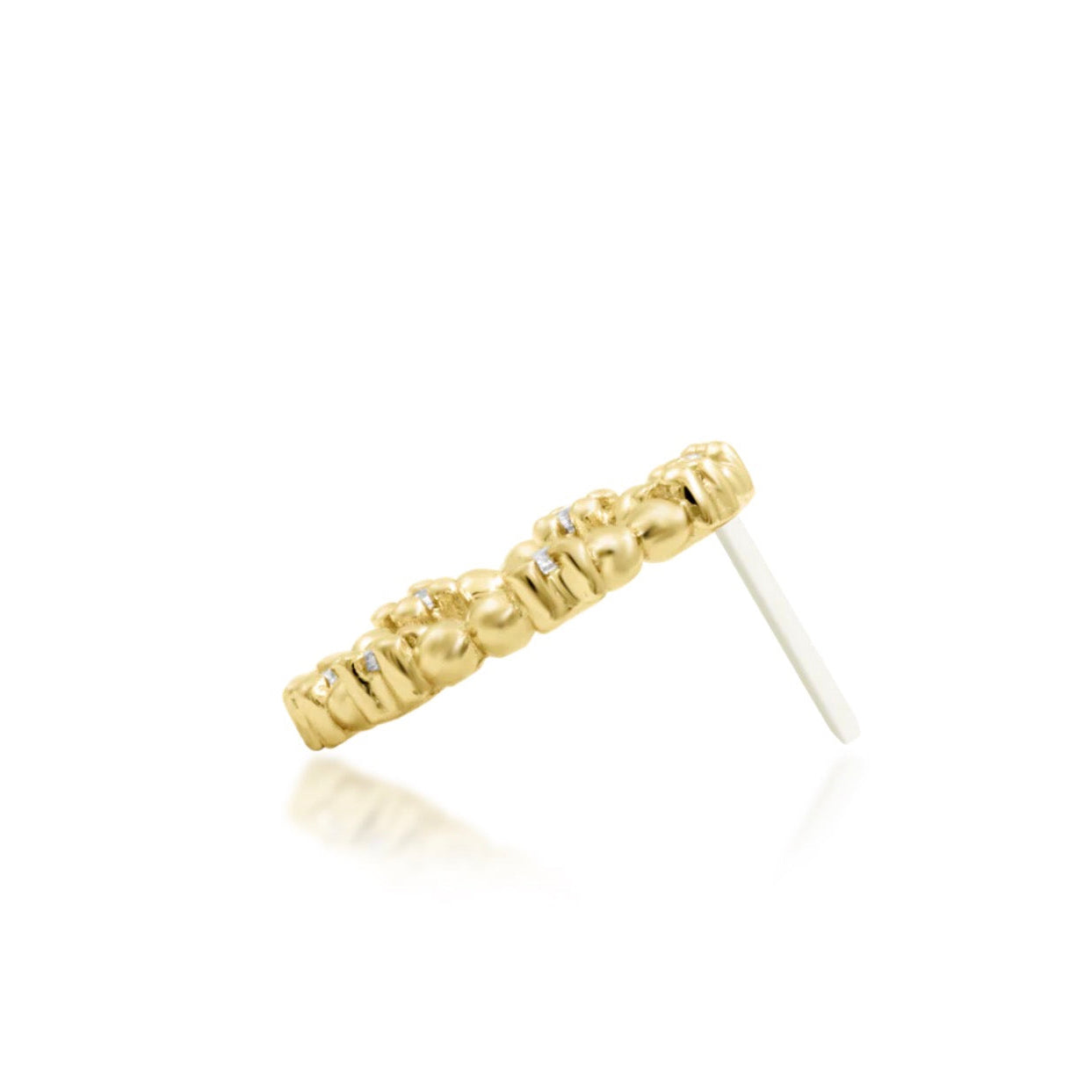 Side profile of Junipurr Halona 14k yellow gold celestial-inspired diamond threadless end with ornate statement detailing