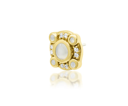 angled perspective of junipurr inaya threadless end showing moonstone centre with surrounding cubic zirconia accents