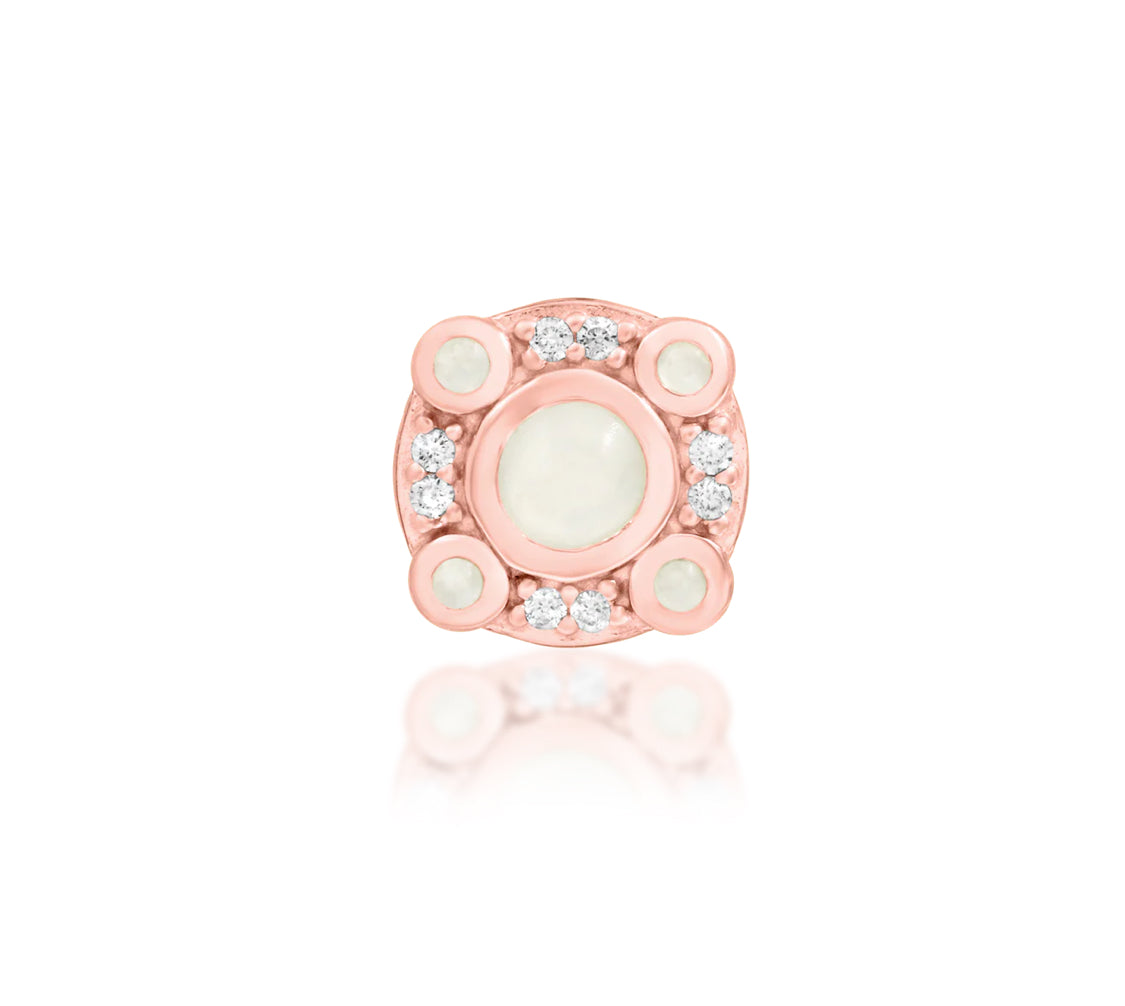 front detail view of junipurr jewellery inaya moonstone cluster decorative end in rose gold