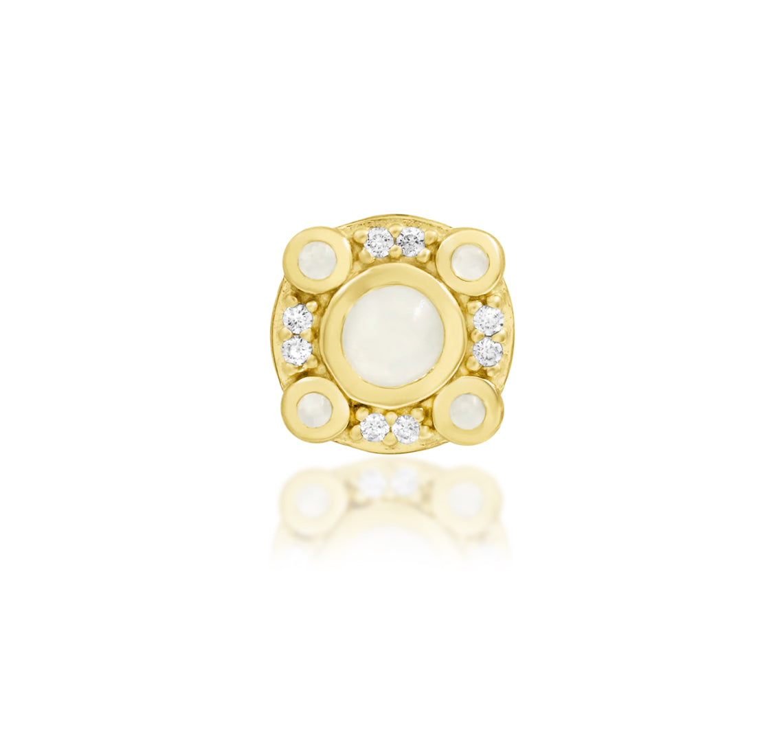 front view of junipurr jewellery inaya moonstone and cubic zirconia threadless decorative end in yellow gold for curated cartilage styling
