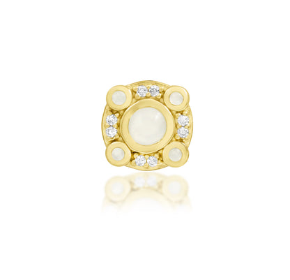 front view of junipurr jewellery inaya moonstone and cubic zirconia threadless decorative end in yellow gold for curated cartilage styling