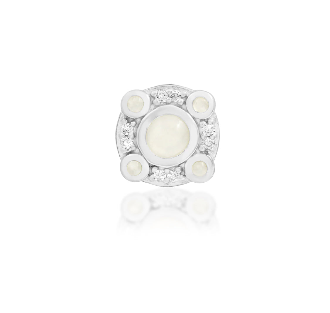 front facing studio shot of junipurr jewellery inaya moonstone and cubic zirconia decorative end in white gold