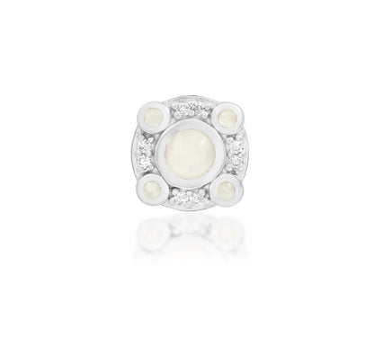 front facing studio shot of junipurr jewellery inaya moonstone and cubic zirconia decorative end in white gold