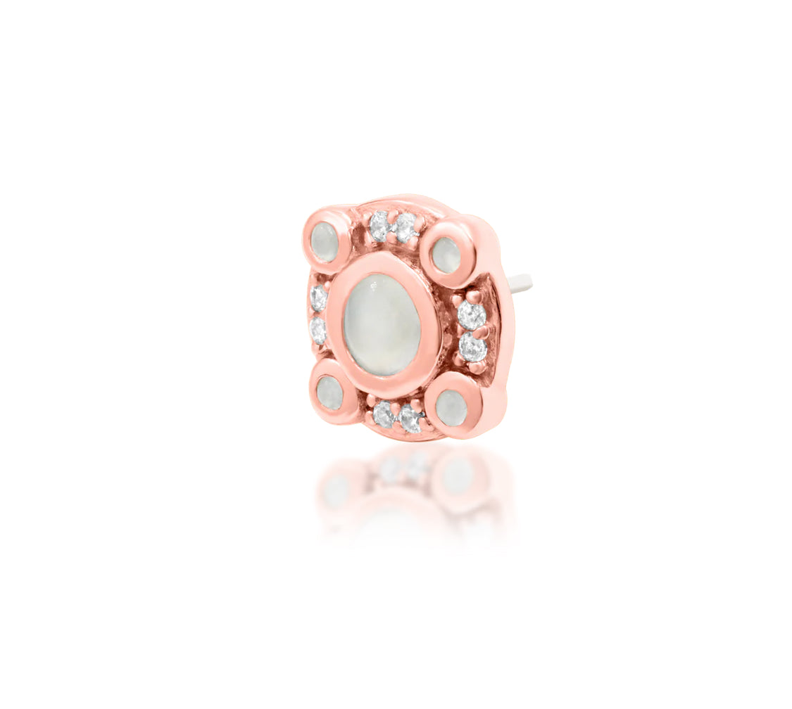 angled styling view of junipurr inaya moonstone and CZ threadless decorative end in rose gold