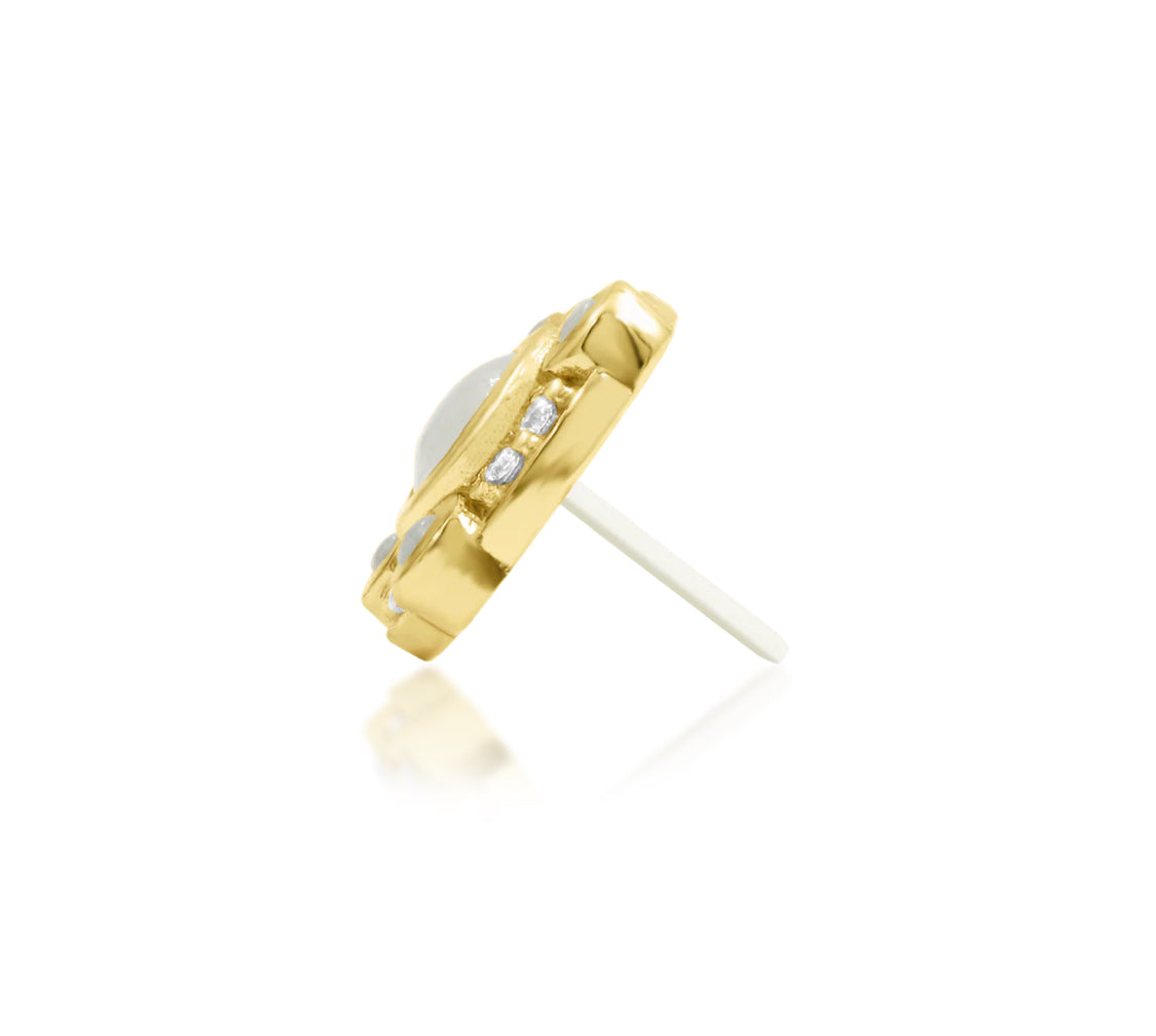 side profile of junipurr inaya threadless decorative end highlighting gemstone layering and sculptural form