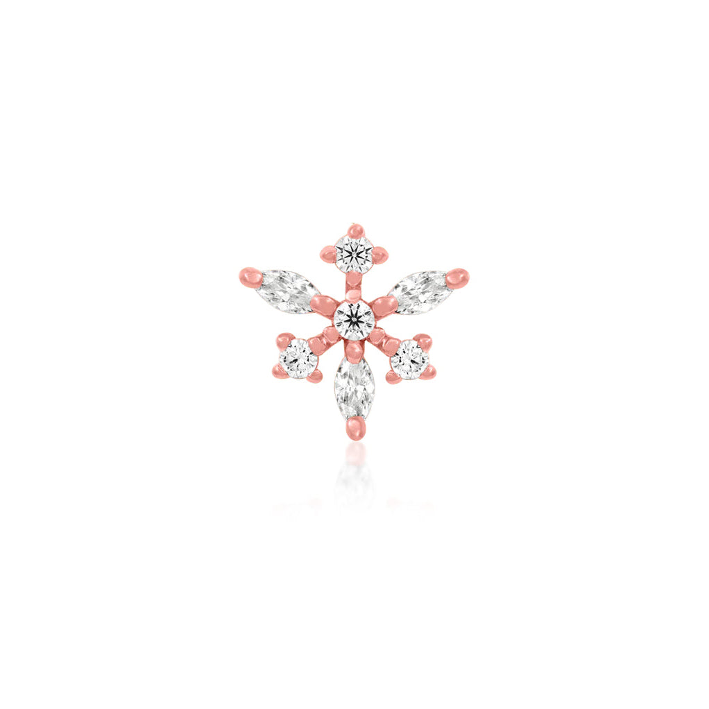 Front view of Junipurr Jewellery Anna snowflake CZ decorative end in 14k rose gold