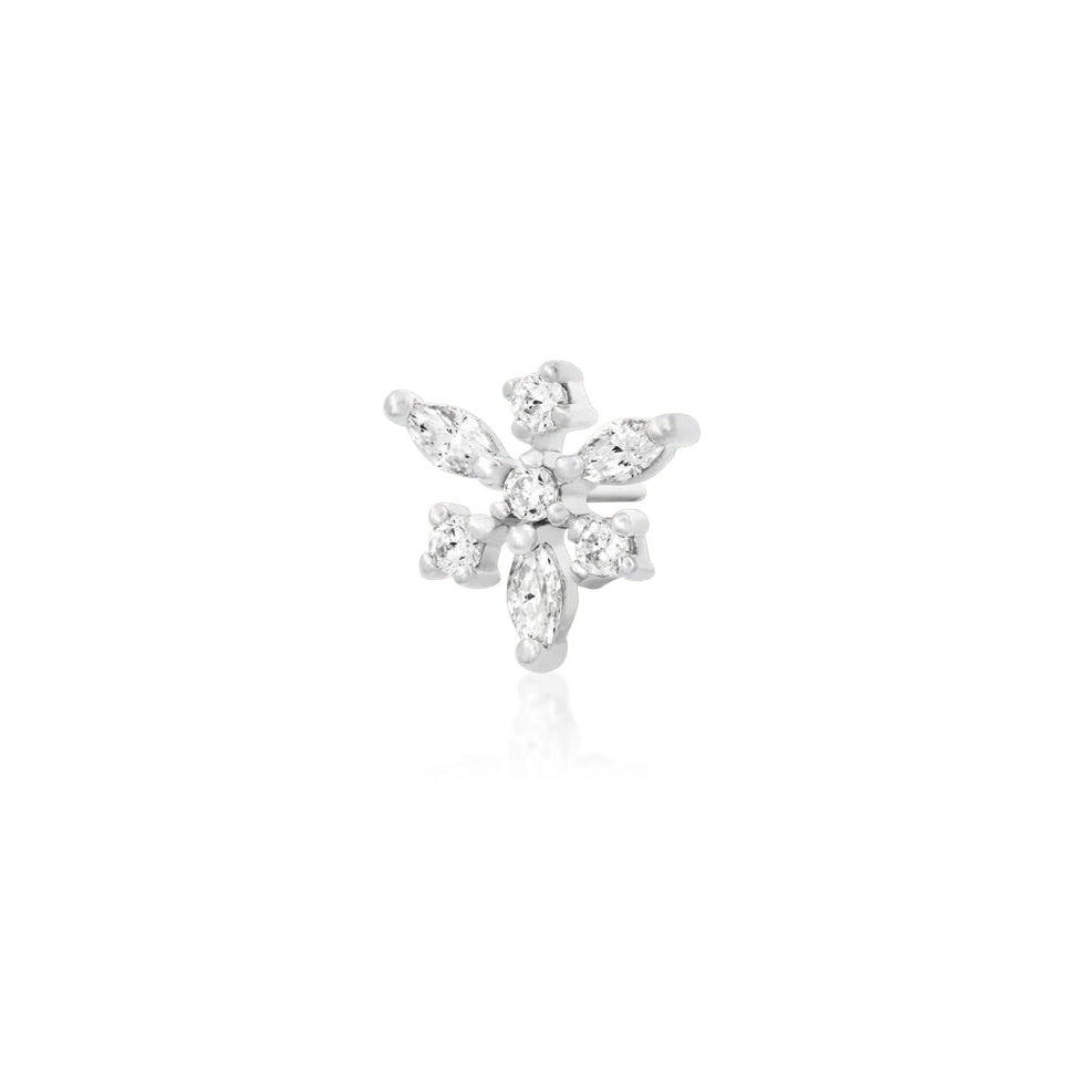 Angled view of Junipurr Jewellery Anna snowflake cubic zirconia end in white gold
