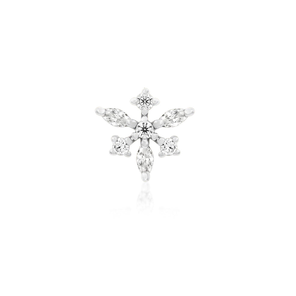 Front view of Junipurr Jewellery Anna snowflake CZ decorative end in 14k white gold