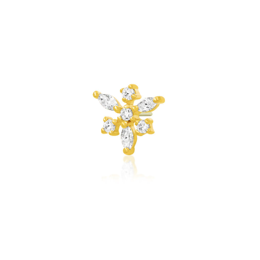 Angled view of Junipurr Jewellery Anna snowflake cubic zirconia end in yellow gold
