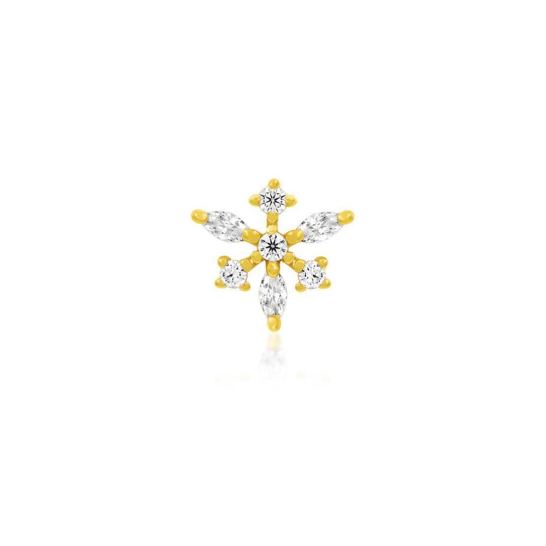 Front view of Junipurr Jewellery Anna snowflake CZ decorative end in 14k yellow gold for helix piercing jewellery
