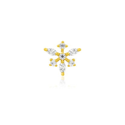 Front view of Junipurr Jewellery Anna snowflake CZ decorative end in 14k yellow gold for helix piercing jewellery
