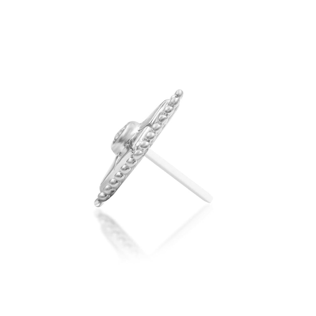 Angled perspective of Junipurr Jewellery Arete white gold threadless decorative end suitable for helix or conch placements