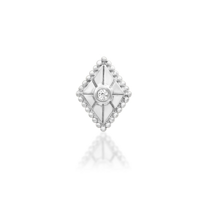 Front view of Junipurr Jewellery Arete threadless decorative end in 14k white gold featuring micro cubic zirconia