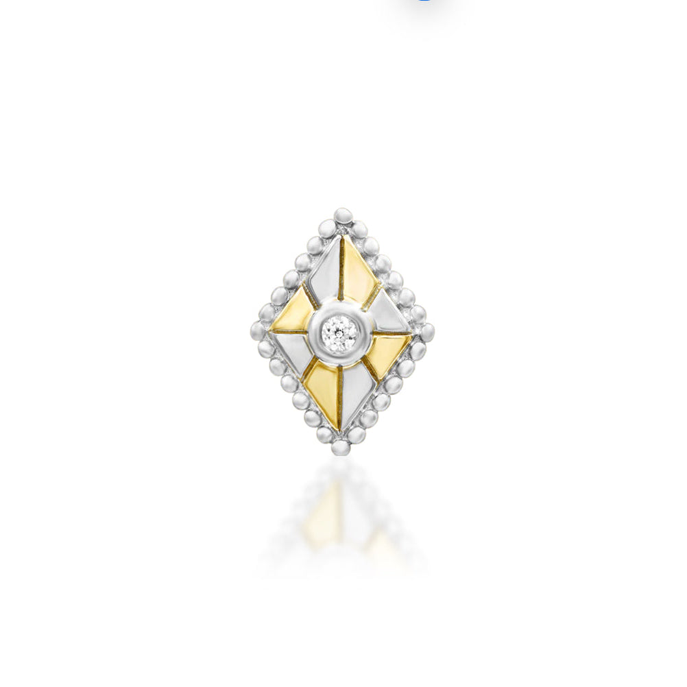 Front view of Junipurr Jewellery Arete threadless decorative end in 14k yellow gold featuring 1mm white cubic zirconia stones