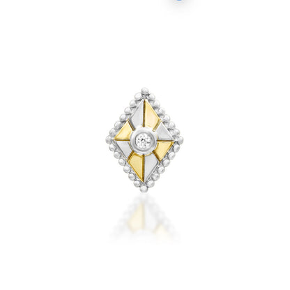 Front view of Junipurr Jewellery Arete threadless decorative end in 14k yellow gold featuring 1mm white cubic zirconia stones