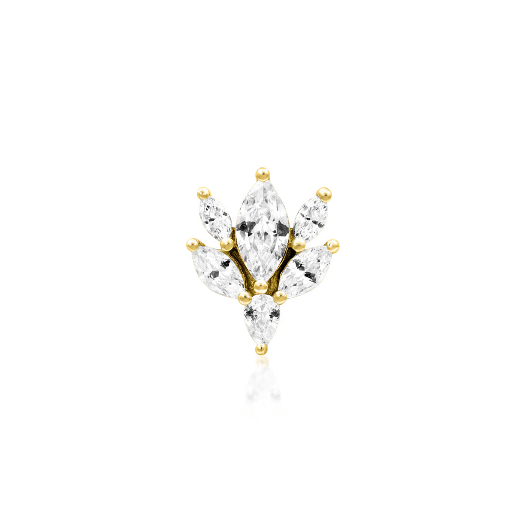 Front view of Junipurr Jewellery Bethany threadless end in 14k yellow gold with cubic zirconia for helix piercing jewellery
