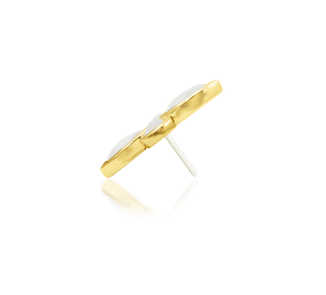 Side profile of Junipurr Jewellery Betty moonstone cluster threadless decorative end in yellow gold highlighting elongated silhouette