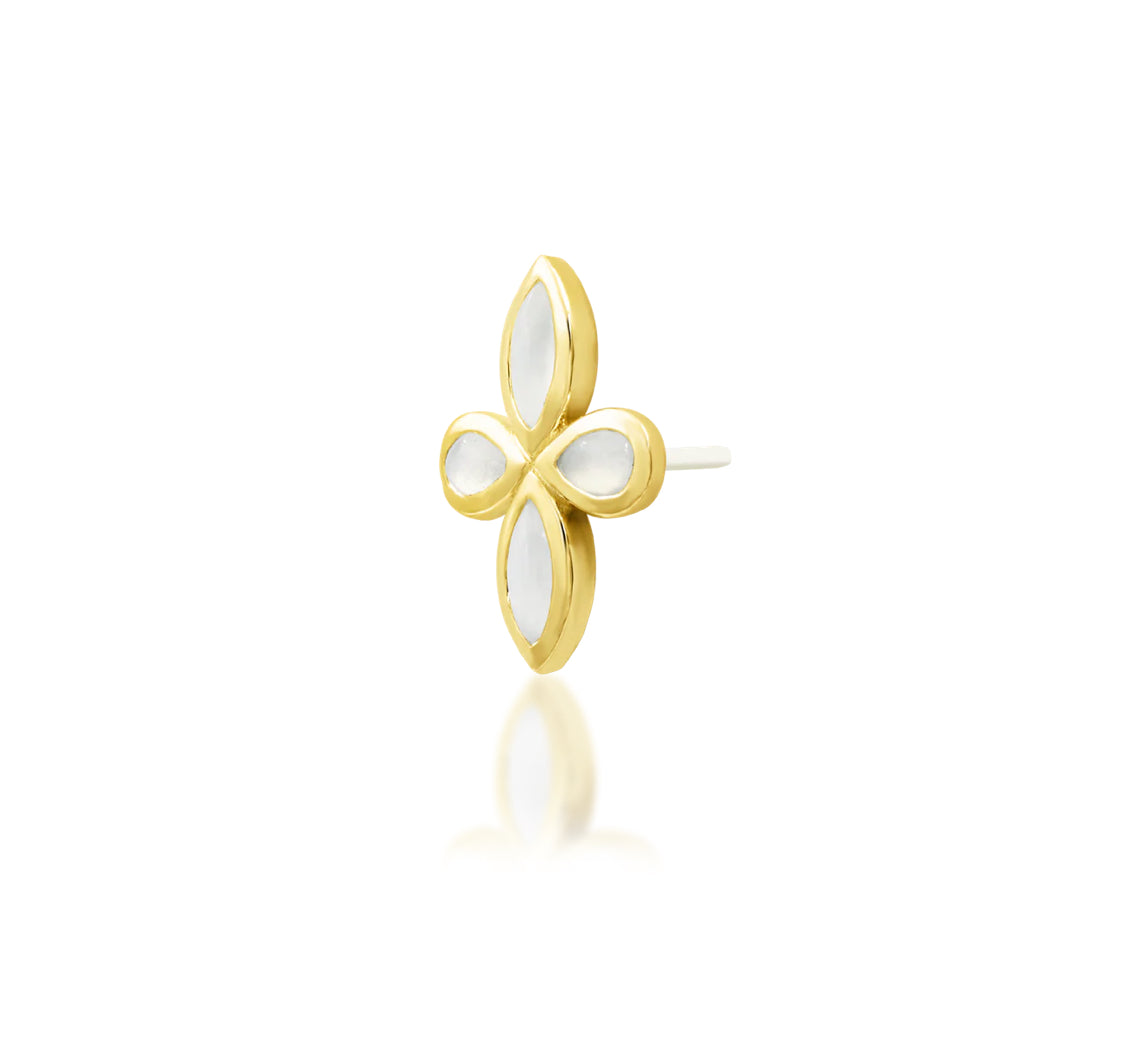 Angled off front view of Junipurr Jewellery Betty threadless end in yellow gold showing pear shaped moonstone cluster jewellery
