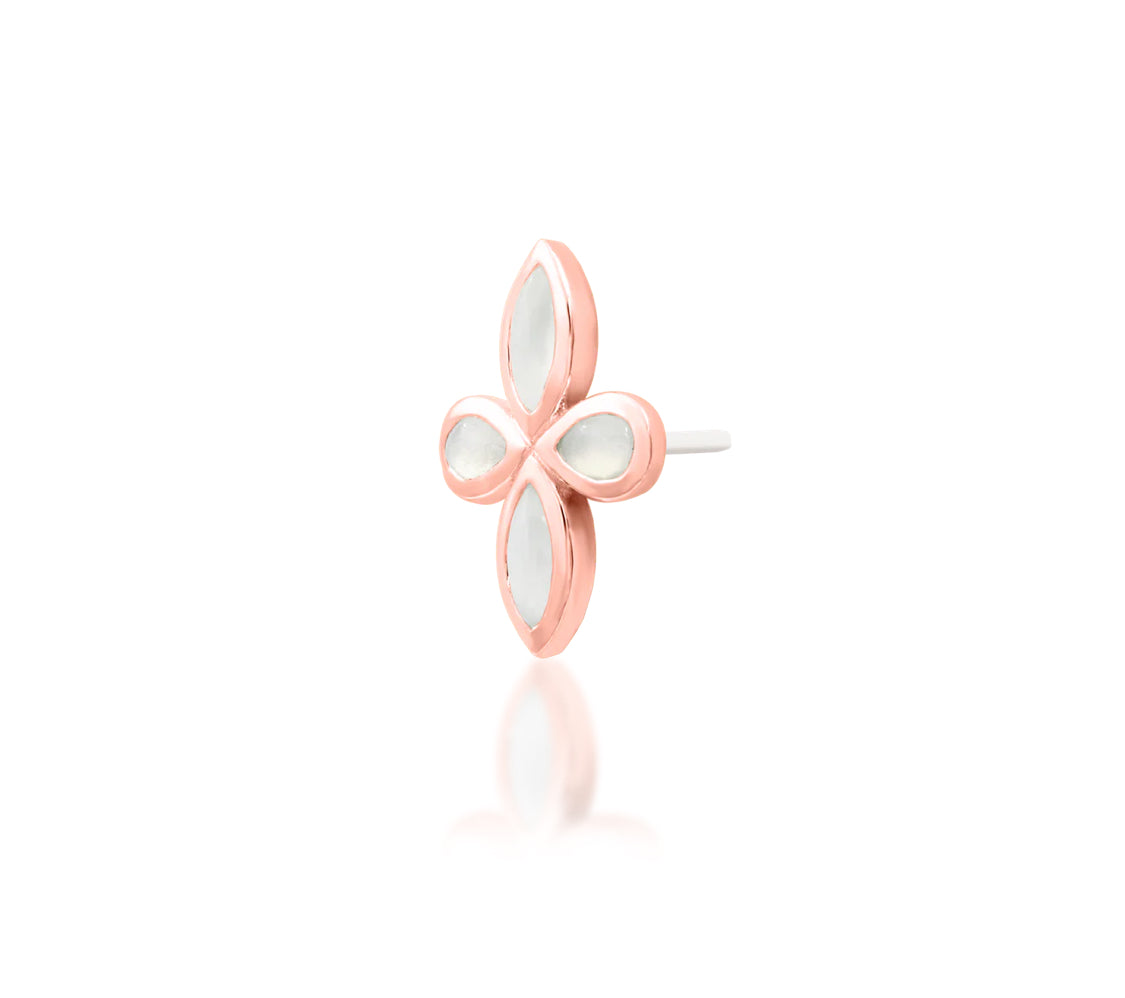 Angled off front view of Junipurr Jewellery Betty moonstone cluster in rose gold highlighting sculptural design
