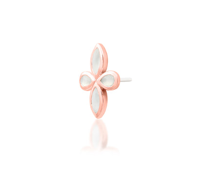 Angled off front view of Junipurr Jewellery Betty moonstone cluster in rose gold highlighting sculptural design
