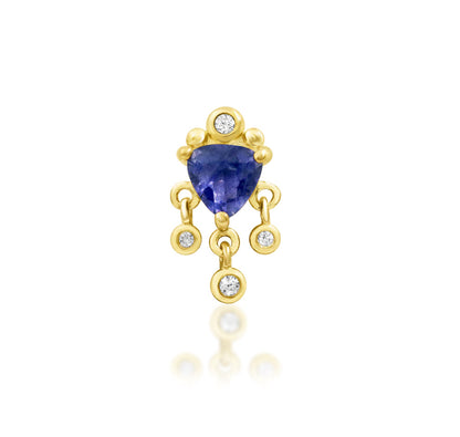 Front view of the Junipurr Jewellery Bevlah threadless end in 14k yellow gold, featuring a dangle chain set with natural iolite and white cubic zirconia.
